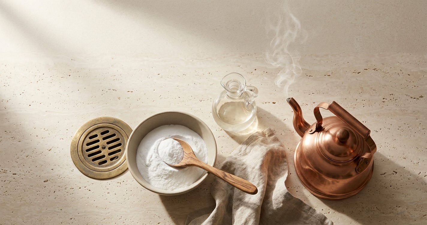 Clear the blockage using baking soda and hot water