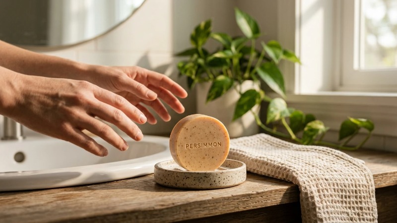 Persimmon soap on stoneware dish by sunlit sink