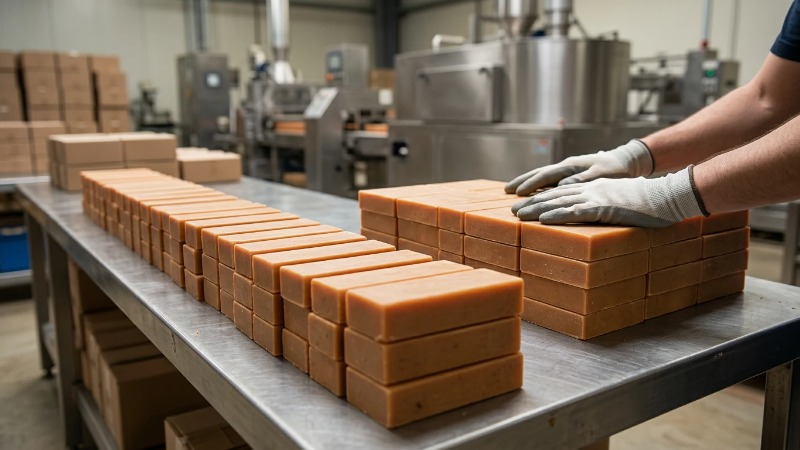 Stacked persimmon soap bars on factory workbench