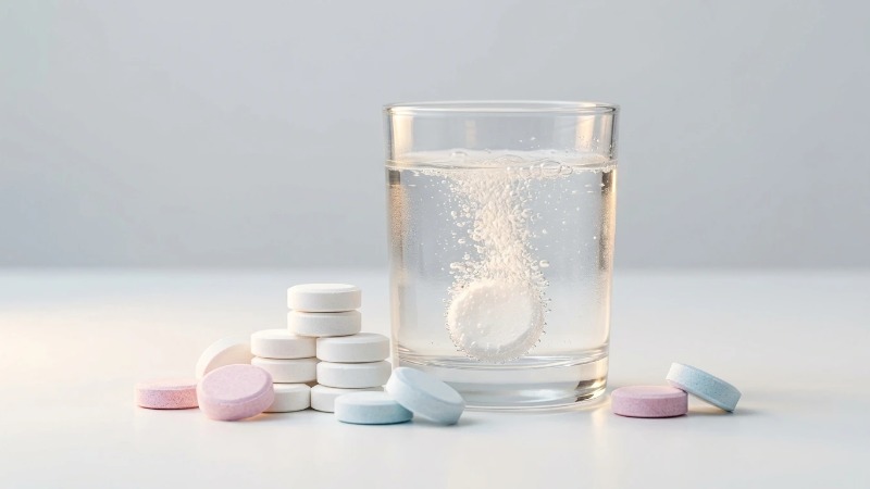 Effervescent cleaning tablet dissolving in water glass Effervescent cleaning tablet dissolving in water glass