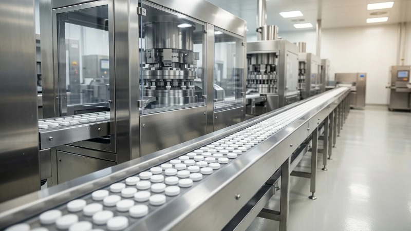 Cleaning tablets on factory conveyor production line