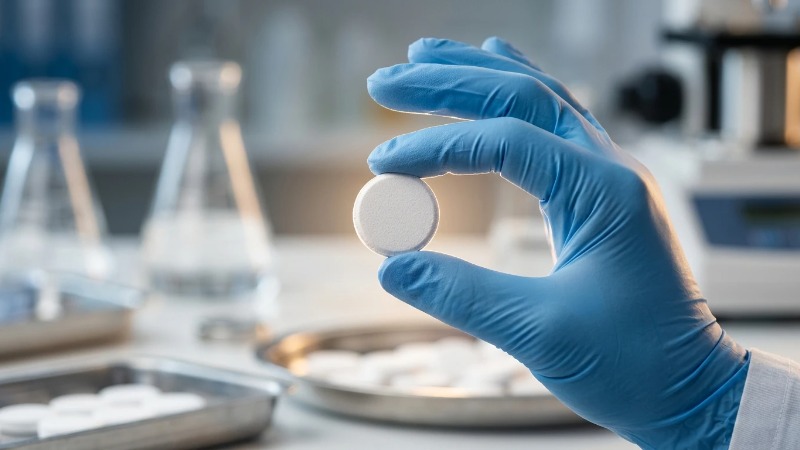 Gloved hand inspecting effervescent cleaning tablet