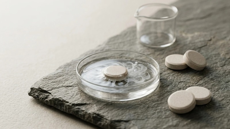 Cleaning tablet dissolving in glass dish on stone