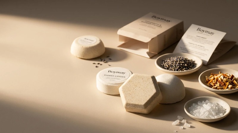 Hexagon shower steamers beside retail packaging