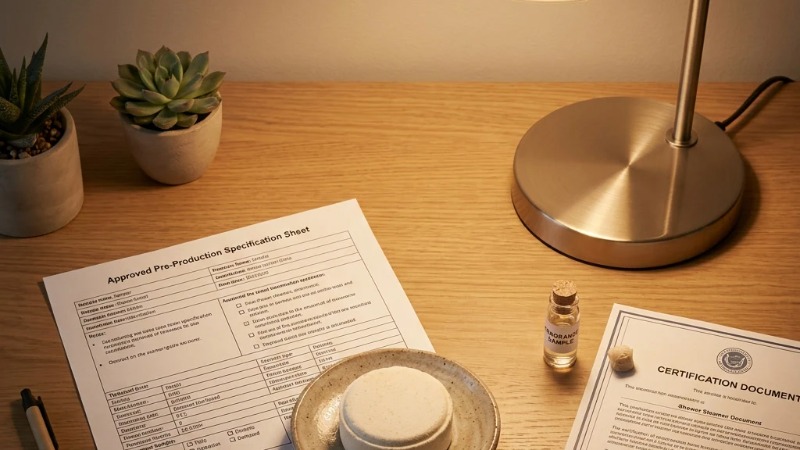 Shower steamer sample flat lay under warm desk lamp Shower steamer sample flat lay under warm desk lamp
