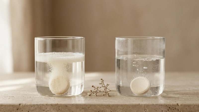 Fizzing tablets dissolving in soft and hard water