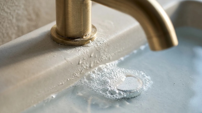 Tablet fizzing beside limescale on a ceramic basin Tablet fizzing beside limescale on a ceramic basin