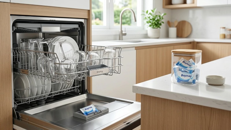 Dishwasher tablet in dispenser of open dishwasher