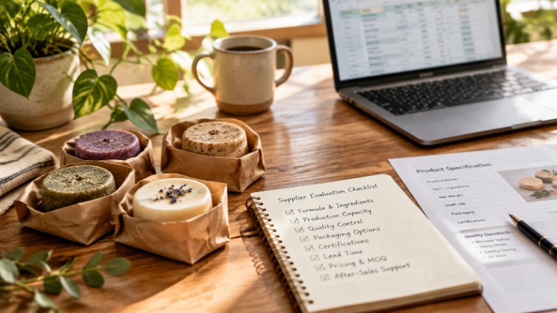 Sample shampoo bars and notebook on wooden desk