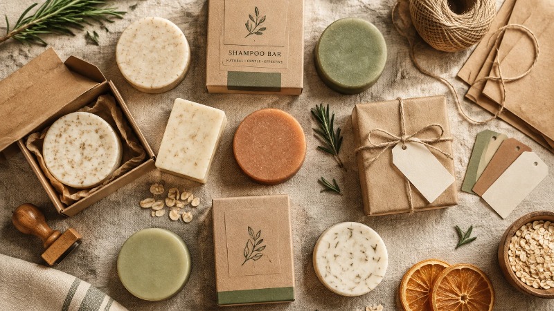 Shampoo bars with kraft wraps and botanicals flatlay