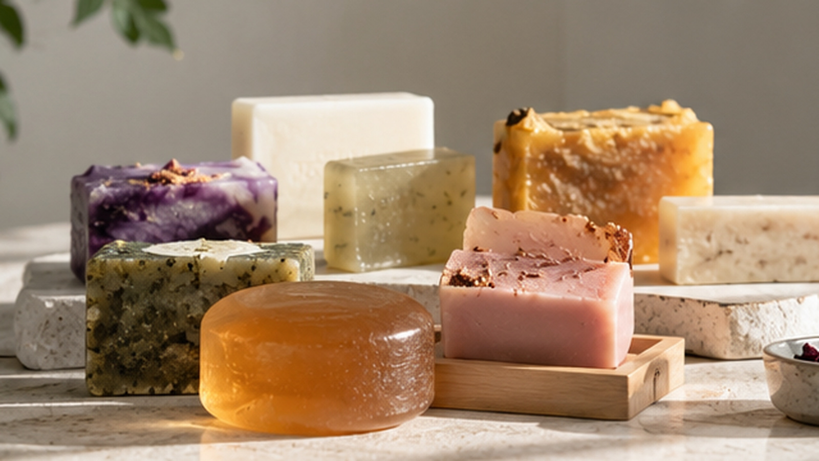Assorted handmade, glycerin, and botanical bar soaps representing different private label soap product types.